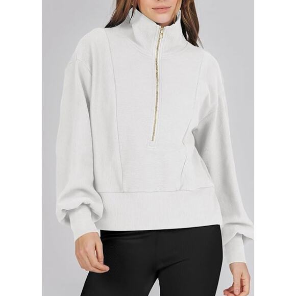 Women's White Ribbed Half Zip Cropped Pullover Sweatshirt Top NWT Size L - Picture 1 of 13